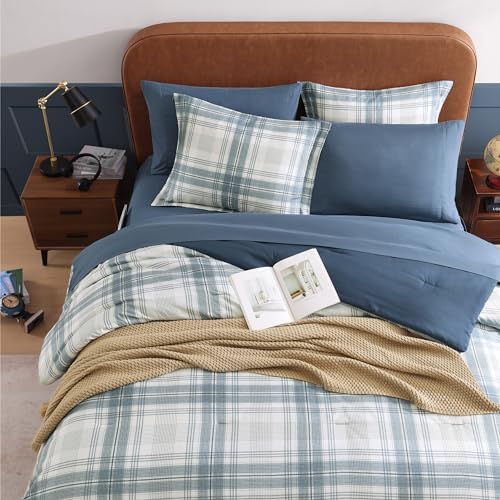 Plaid Queen Comforter Set Blue Grey 7 Pieces Farmhouse Bed in a Bag