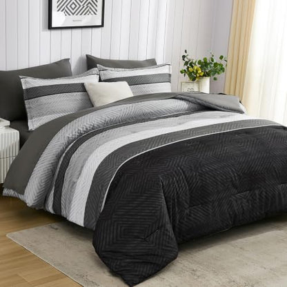 Comforter Set King Size 7 Piece Bed in a Bag Boho Black Striped Bedding Set Soft Microfiber Comforter and Sheet Set for All Season (King, 104"x90")