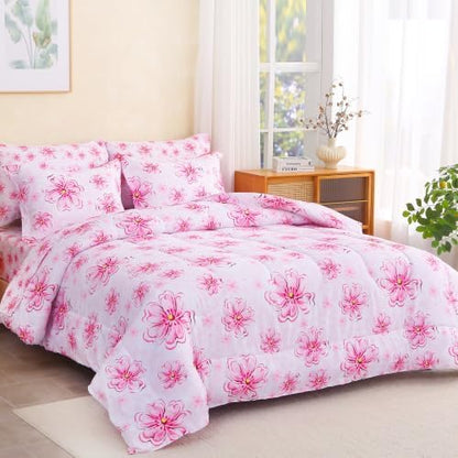 lasoftan Floral Queen Comforter Set with Sheets, 7 piece Luxury Vintage Bedding, Soft Microfiber Bed in a Bag, Cozy Lightweight Bed Set, Pink Floral