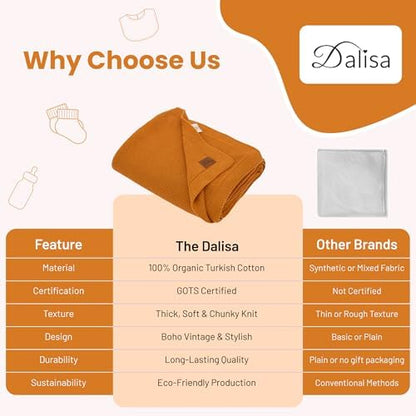 Dalisa 100% Organic Turkish Cotton Throw Blanket - GOTS Certified, Cozy - Perfect for Couch, Bed, and Home Decor - Boho Vintage Knit Alina (Saffron Gold, 60x80)