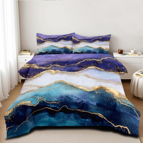 CCoutueChen Marble Comforter Set Queen Size Blue Purple Watercolor Marble Bedding Set 3 Pieces Modern Aesthetic Bedding Women Men Soft Lightweight Comforter for All Season,2 Pillowcases