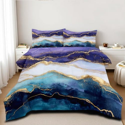 CCoutueChen Marble Comforter Set Queen Size Blue Purple Watercolor Marble Bedding Set 3 Pieces Modern Aesthetic Bedding Women Men Soft Lightweight Comforter for All Season,2 Pillowcases