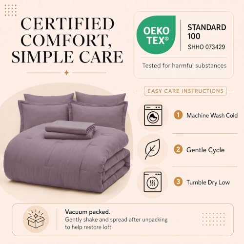CozyLux King Size Comforter Set Dusty Purple, 7 Pieces Bed in a Bag