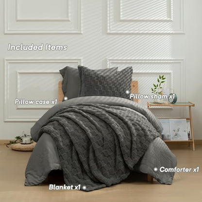 HIG 4pc 2-in-1 Twin-XL Comforter Set with Detachable Fluffy Blanket, Dark Gray