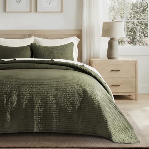 EVERGRACEHOME Cotton Sateen Quilt Set, Oversized Cal King, Olive Green