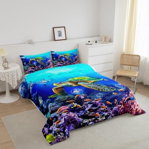 Sea Turtle Comforter Set Queen Size,Ocean Underwater World View Quilt Set Cute Colorful Fish Coral Bedding Set for Kids Girls Boys Adult Room Decor,Blue Hawaii Style Beach Duvet Insert 3Pcs