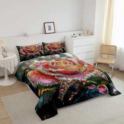 jejeloiu Glitter Rose Comforter Set Toddler Size Kids Rose Floral Flower Bedding Set for Boys Girls Teens Garden Flower Duvet Breathable Romantic Quilt Bedroom Decor,1 Comforter with 1 Pillowcase