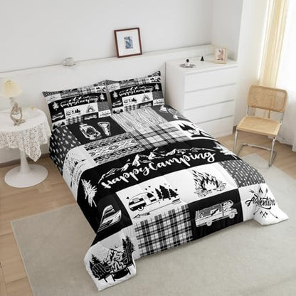 Castle Fairy Camper Patchwork Comforter Set Queen Size,RV Happy Camping Hunting Adventure Bedding Set for Women Adult,Travel Trailers Decor Boho Aztec Exotic Luxury Bed Duvet Insert, 2 Pillowcases