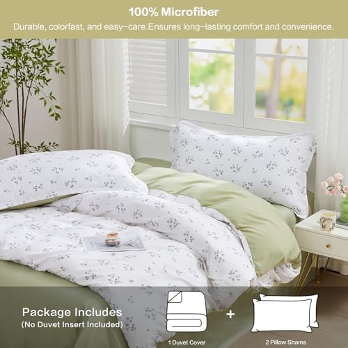 SAPHREAS King Duvet Cover White Cute Floral Bedding Set with 8 Corner Ties and 2 Pillow Shams Microfiber Reversible Duvet Cover Set with Zipper Closure?Green