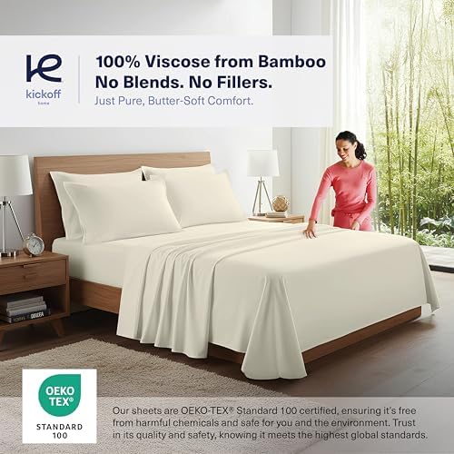 Kickoff Viscose Bamboo Sheets Twin Size 3-pc 100% Organic Bamboo Viscose Bed Cooling Sheets Twin Size Set Cool Bedding for hot Sleepers Sheet Set - Gift Ready Packaging (Buttercream, T)