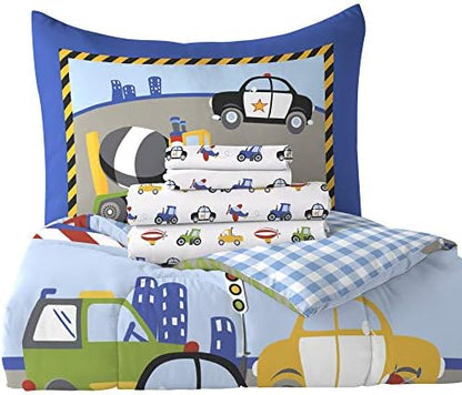 dream FACTORY Trucks Tractors Cars Boys 5-Piece Bedding Kids Construction Comforter Sheet Set, Twin Blue Red Multi