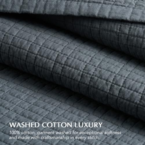 EverGrace 100% Cotton Modern Grid Stitch Quilt Set King Size, Midnight Blue