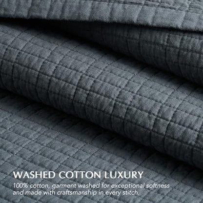EverGrace 100% Cotton Modern Grid Stitch Quilt Set King Size, Midnight Blue
