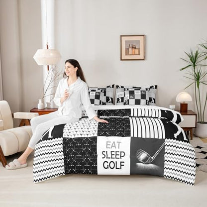 Erosebridal Golf Bedding Comforter Set with Sheets - Sports Twin Bedding Sets for Boys, 7 Pieces Golf Patchwork Comforter Sets for All Season, Lightweight Soft Sports Themed Bed in A Bag
