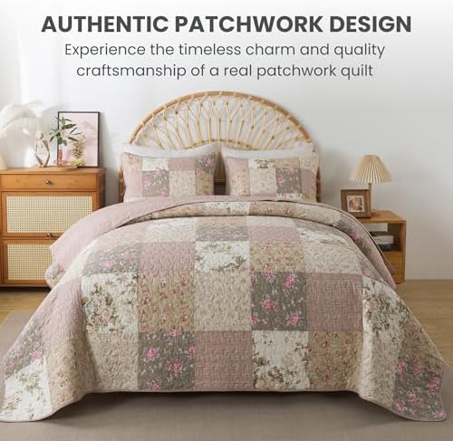 SLPR - Secret Garden Pink Patchwork Cotton Quilt Set, King with 2 Shams