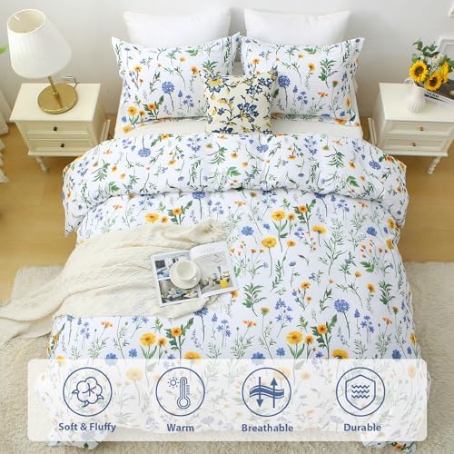 Mooreeke Floral King Size Comforter Sets, Dandelion Floral Botanical Patterned Bedding for All Seasons, 3-Piece Vintage Bed in a Bag with Fluffy Quilted Reversible Comforter & 2 Pillow Shams