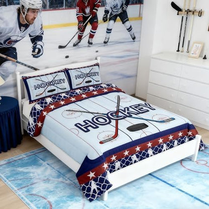 Homewish Ice Hockey Comforter Set Queen Size,Ice Hockey Player Bedding Set for Kids Boys Girls Bedroom Decoration,Sports Gaming Bed Duvet Insert,Hockey Pucks Comforter with 2 Pillowcase