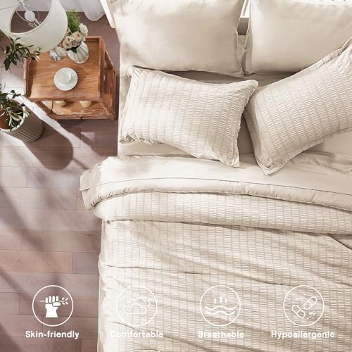 Zzlpp King Size Comforter Set 7 Piece, Beige Bed in a Bag King Bedding Sets