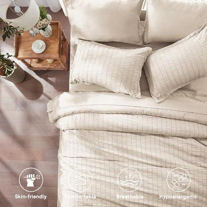 Zzlpp King Size Comforter Set 7 Piece, Beige Bed in a Bag King Bedding Sets