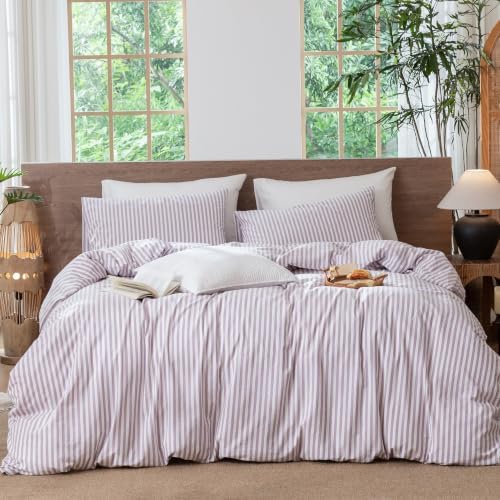 MooMee Striped Duvet Cover Set 100% Washed Cotton Linen Like Queen