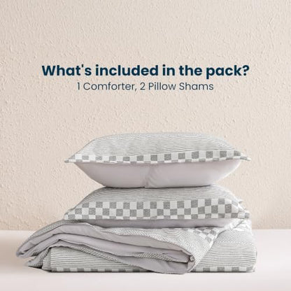 SLEEP ZONE Comforters Queen Set, Striped Lattice Bedding Set Gray 3 Pcs