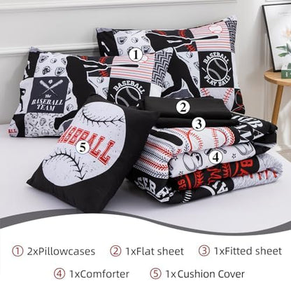 A Nice Night Sports Baseball Comforter Queen Bedding Set for Boys,Black