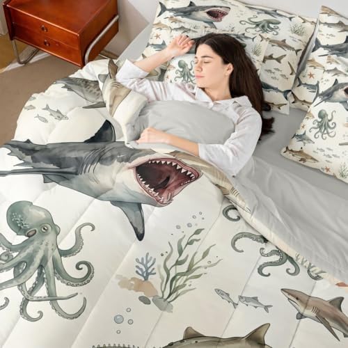 Feelyou Shark Comforter Set with Sheets 7 Piece Full Size