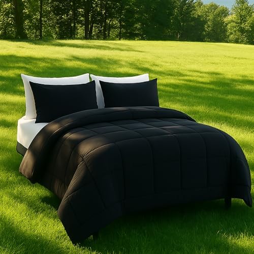 DOWNCOOL Queen Comforter Set -All Season Queen Bed Set with 2 Pillow Cases-3 Pieces Bedding Sets Queen -Down Alternative Black Queen Size Comforter Sets(88"x92")