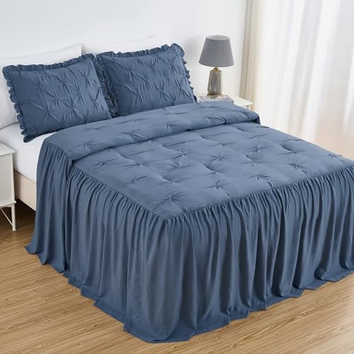 Chezmoi Collection Aria 3-Piece Pinch Pleat Pintuck Ruffle Skirt Bedspread Set - French Country Chic Farmhouse - California King, Dusty Blue
