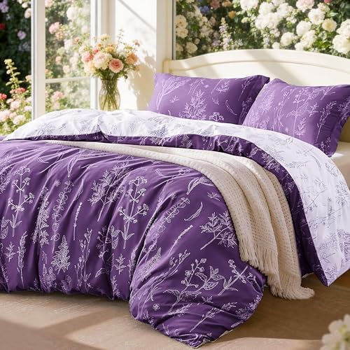 Love's cabin Dark Purple Full Comforter Set - Full Size Comforter Set, 3 Pieces Cute Floral Bedding Sets for All Seasons,1 Soft Reversible Botanical Flowers Comforter and 2 Pillow Shams