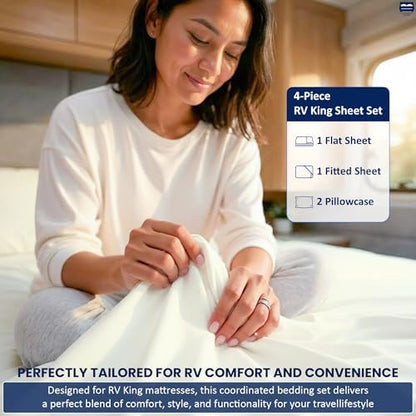 Cottingon 4 Piece Short Queen Sheets, 15" Deep, Egyptian Cotton, Ivory