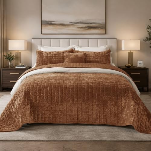 Quilt Set Queen Size 90x98 Luxurious Velvet Bedding Sets with 2 Pillow Shams 20x26 3 Pieces Ultra Soft Quilted Bedspread Coverlet Comforter for All Season,Caramel