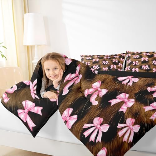 jejeloiu Bowknot Comforter Set King Size Pink Bow Bedding Set for Kids Boys Girls Colourful Bowknot Duvet Quilt Bow-tie Bedroom Decor Microfiber 3 Pcs with 2 Pillow Cases