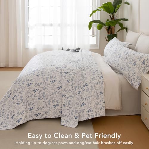 Lady Ann Cotton Quilt Sets King Size - Blue and White Floral & Leaves Pattern Botanical Printed Quilted Bedding, 3 Pcs Lightweight Soft Bedspread Sets King Coverlet for All Season