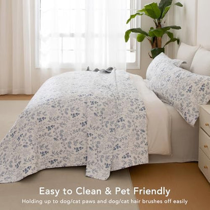 Lady Ann Cotton Quilt Sets King Size - Blue and White Floral & Leaves Pattern Botanical Printed Quilted Bedding, 3 Pcs Lightweight Soft Bedspread Sets King Coverlet for All Season