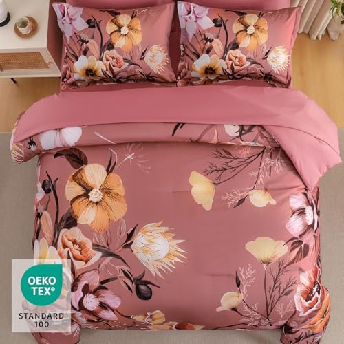 Luxudecor Floral Comforter Set King Size 7 Piece, Dusty Flower Bed in a Bag, Elegant Floral Comforter Bed Set with Sheet Set, Soft Microfiber Bedding Set for All Season (104"x90")