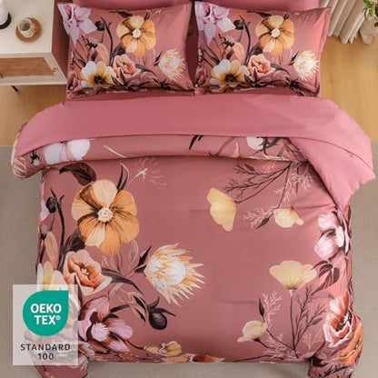 Luxudecor Floral Comforter Set King Size 7 Piece, Dusty Flower Bed in a Bag, Elegant Floral Comforter Bed Set with Sheet Set, Soft Microfiber Bedding Set for All Season (104"x90")