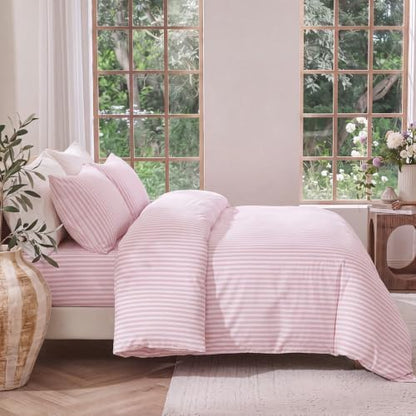 Bedbay Pink Striped Duvet Cover Set King Size, 100% Cotton 300TC Sateen, Dusty Rose Fine Stripe Bedding, Soft Smooth Breathable Luxury Sateen Set, 3 Pieces