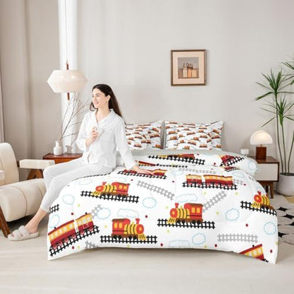 Feelyou Red Vintage Train Comforter Set Queen Size Retro Steam Locomotive Down 7 Pcs Bedding for Boys Girls Adults Bed in a Bag,Transportation Vehicles Bed Sheet Sets with Fitted Sheet Pillowcases