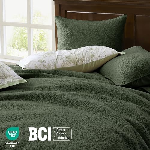 WDCOZY King 100% Cotton Paisley Quilt Bedding Set Olive Green Comforter