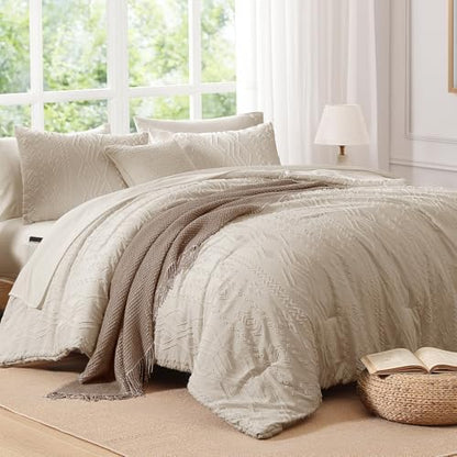 Queen Comforter Set Beige Tufted Boho Bedding Sets Farmhouse 7 Pieces
