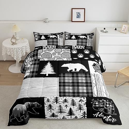 Bear Plaids Comforter Set King Size,Pine Trees Animals Hunting Bedding Set for Kids Boys Girls Adults Room Decor,Adventure Rustic Farmhouse Down Comforter,Black Retro Duvet Insert,2 Pillowcases