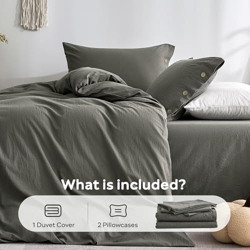 JELLYMONI 100% Washed Cotton Dark Grey Duvet Cover King, Linen-Like