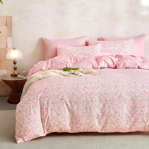 Wake In Cloud - Floral Comforter Set, Cute Vintage Flower Cottagecore Aesthetic for Women Teen Girls, Soft Lightweight Dorm Bedding, 3 Pieces, Pink, Twin/Twin XL Size