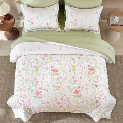 7 Piece Sage Green Floral Comforter Set Queen Size Bed in a Bag Cottagecore