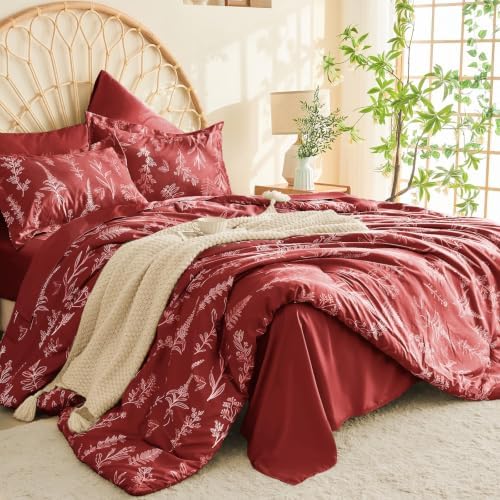 MUXHOMO Duvet Cover King Size, Reversible Floral Terracotta Duvet Cover Set with Zipper Closure, 3 Pieces Botanical Patterns Soft Microfiber Bedding Set (90"x104", 2 Pillow Cases 20"×36")