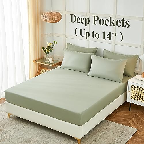 ILAVANDE Sage King Size Sheets Set 6 Piece,Super Soft 1800 Series Microfiber Bed Sheets King Set-Wrinkle & Fade Resistant-14“ Deep Pockets Sheets for King Size Bed(King,Sage Green)