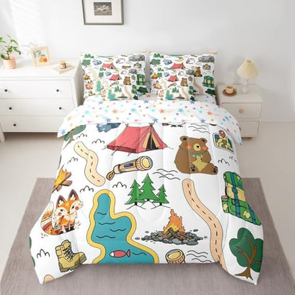 Erosebridal Camping Themed Bedding Set for Kids Teens,Camping Lover Comforter Set Twin Size,Cartoon Animal (Comforter+Fitted+Flat Sheet+2 Pillowcases+2 Throw Pillow Covers) 7 Pieces Bed Set