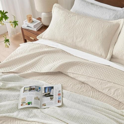 Qucover Queen Bedspread Medallion Pattern Quilt Bedding Set 3 Piece Beige