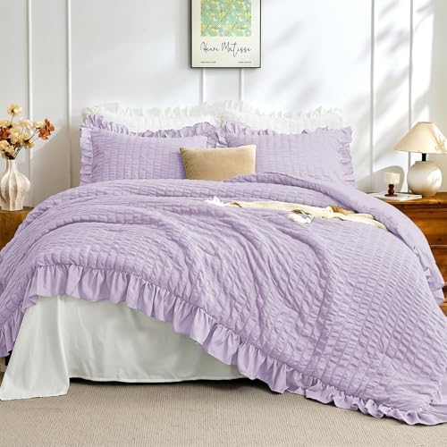 JOLLYVOGUE Lavender Oversized King Comforter Set,3pcs Seersucker Bed Set